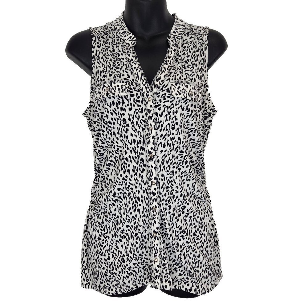White House Black Market Sleeveless Blouse XS White Black Leopard V-Neck‎